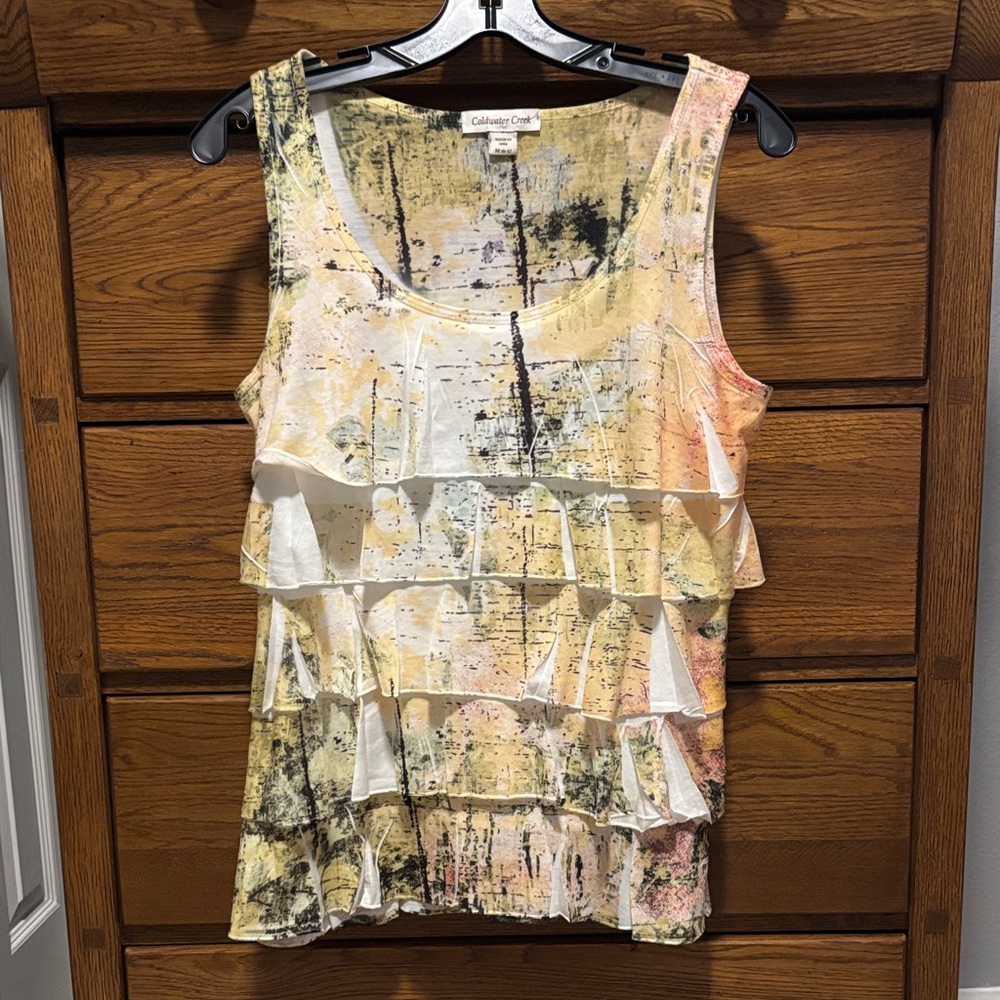 Coldwater Creek Tiered Ruffle Tank Light Yellow Multi-color Print Womens Medium